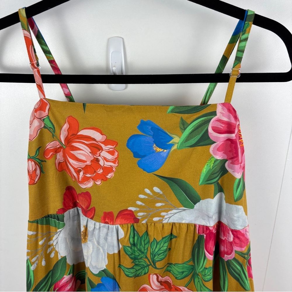 Miss Miss Tiered Floral Maxi Sundress Pink Gold Stretch Cotton Tropical sz M - Picture 2 of 9